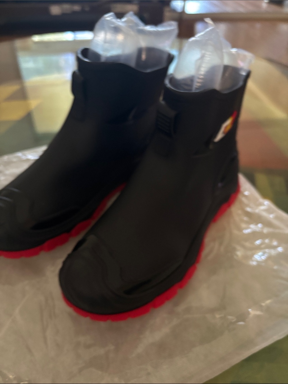 Black Rain Boots with Red Soles